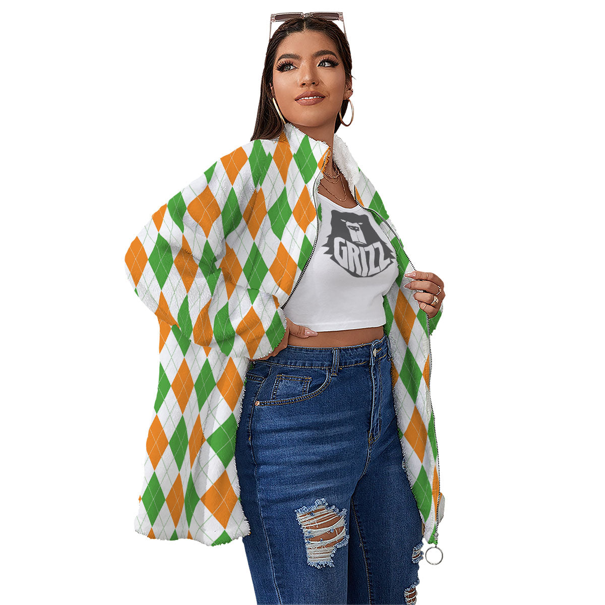 Argyle St Patrick's Day Print Pattern Women's Sherpa Jacket-grizzshop