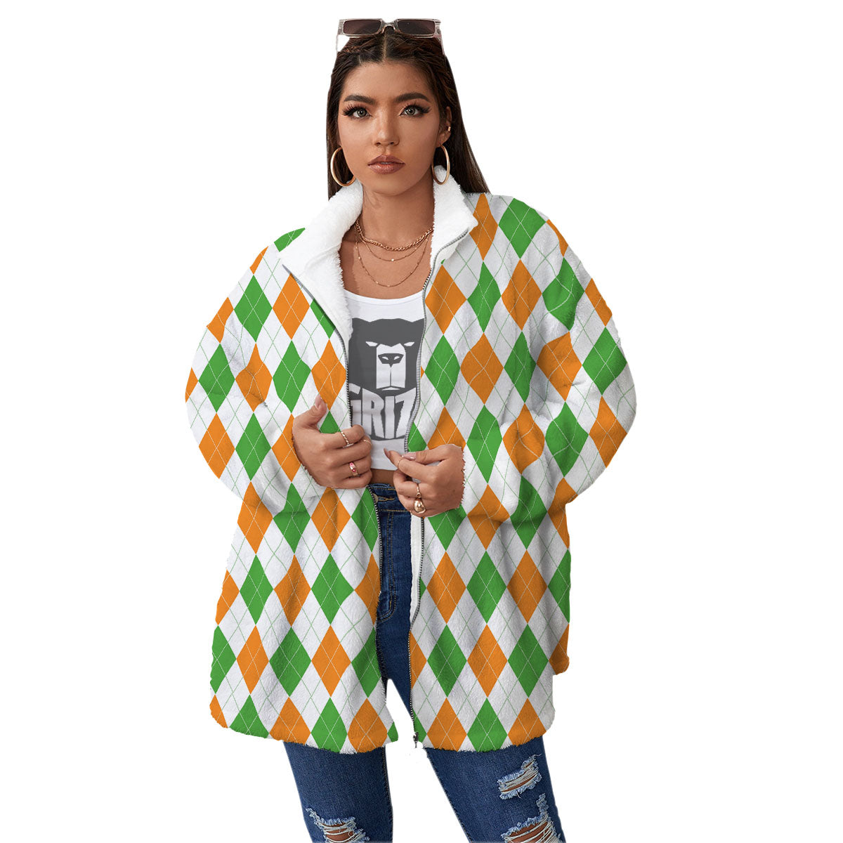 Argyle St Patrick's Day Print Pattern Women's Sherpa Jacket-grizzshop