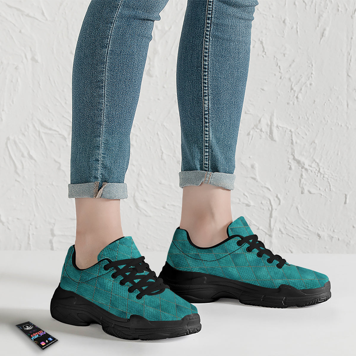 Argyle Turquoise Print Pattern Black Chunky Shoes-grizzshop