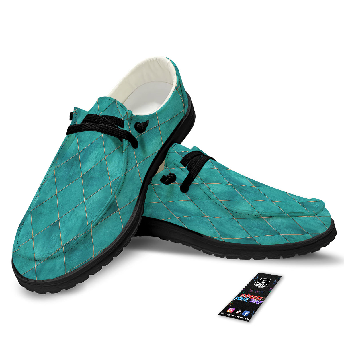 Argyle Turquoise Print Pattern Black Loafers-grizzshop