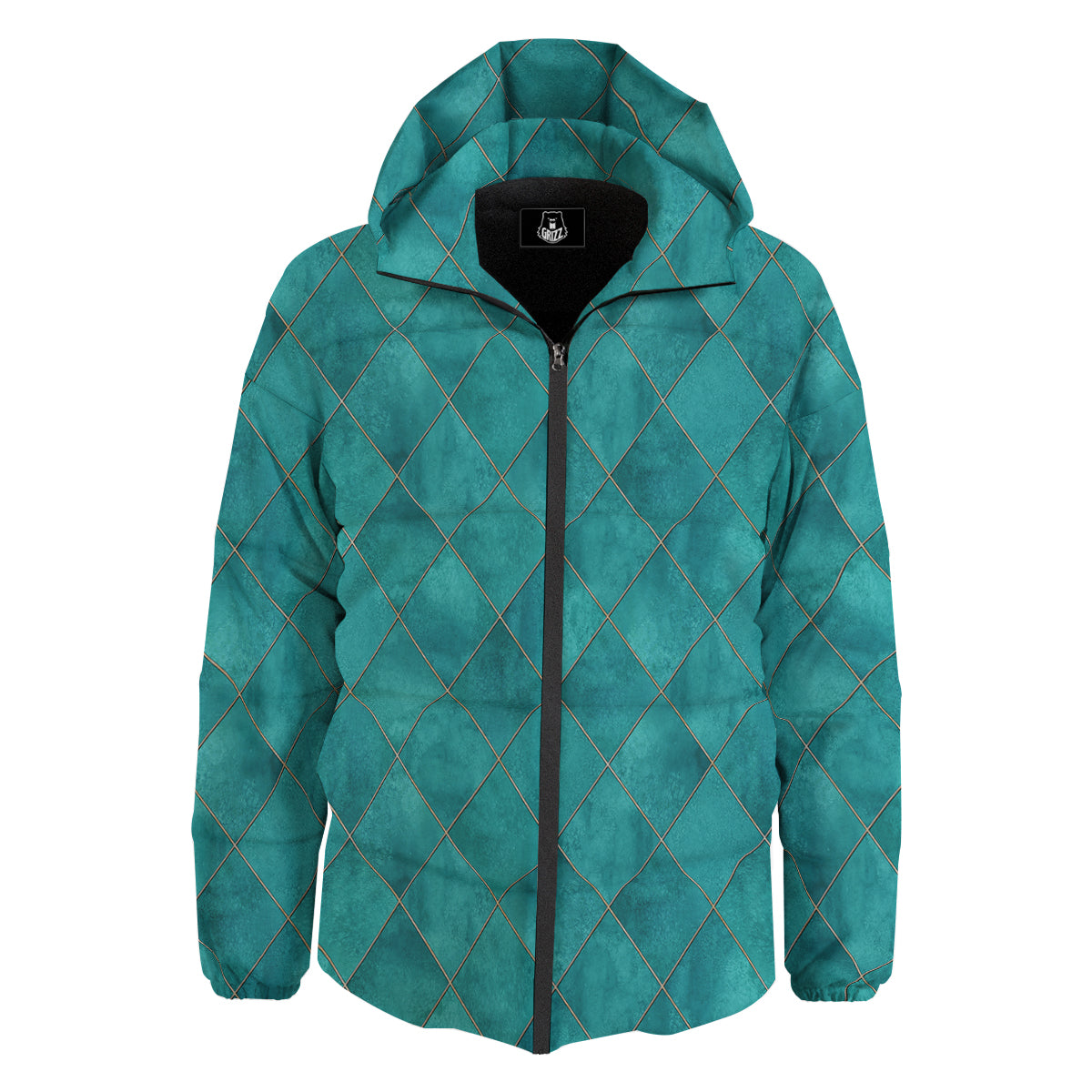 Argyle Turquoise Print Pattern Down Jacket-grizzshop