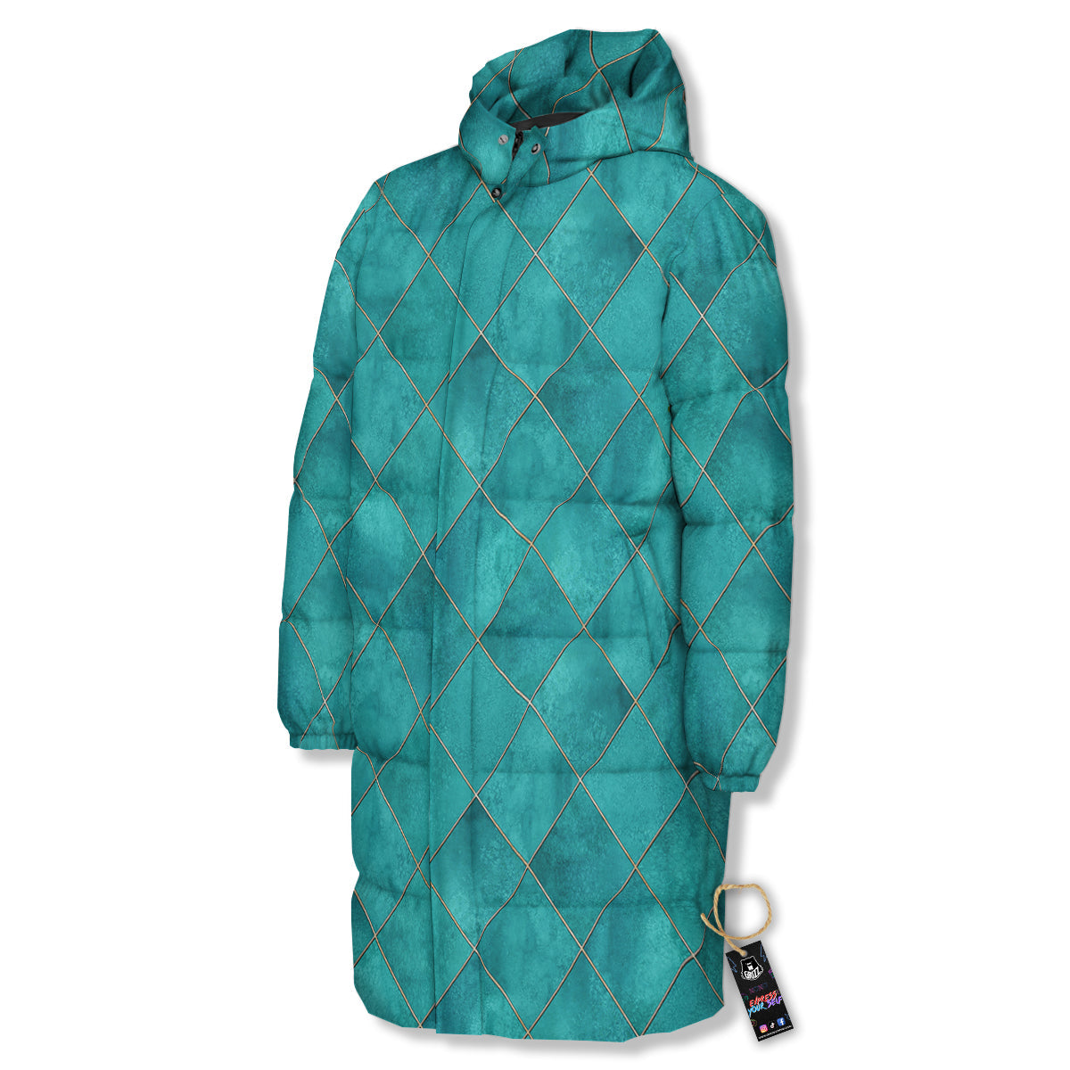 Argyle Turquoise Print Pattern Long Down Jacket-grizzshop