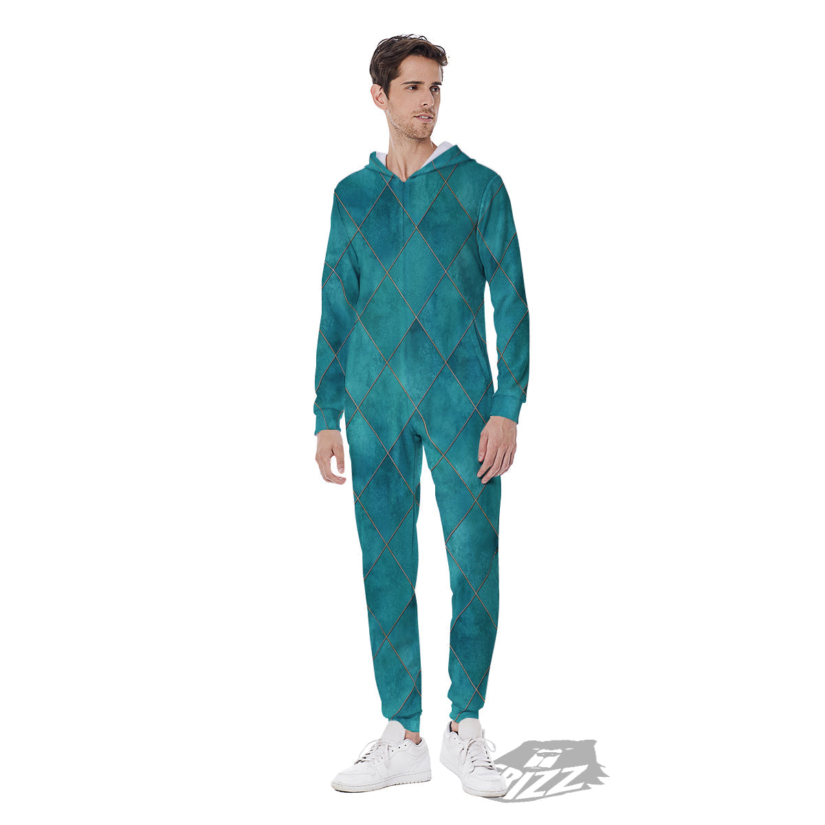 Argyle Turquoise Print Pattern Men's Jumpsuit-grizzshop