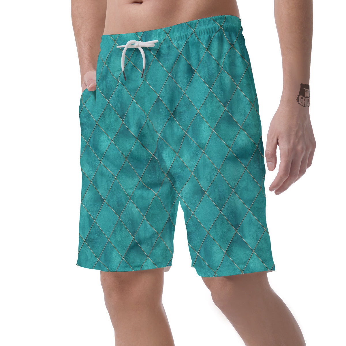 Argyle Turquoise Print Pattern Men's Shorts-grizzshop