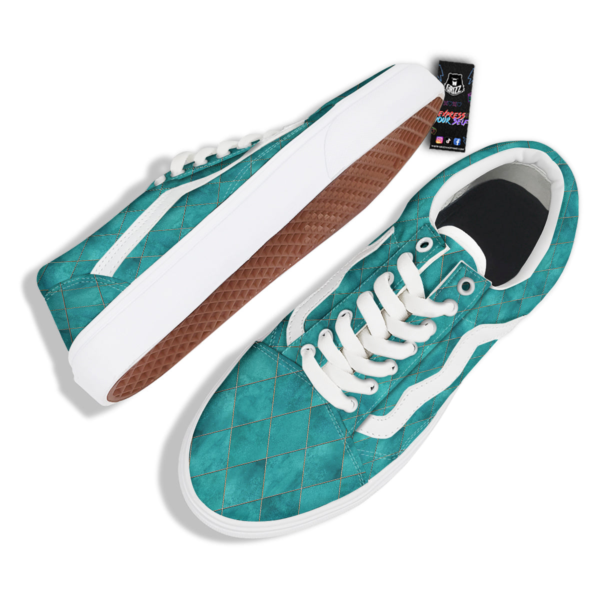 Argyle Turquoise Print Pattern Skate Shoes-grizzshop