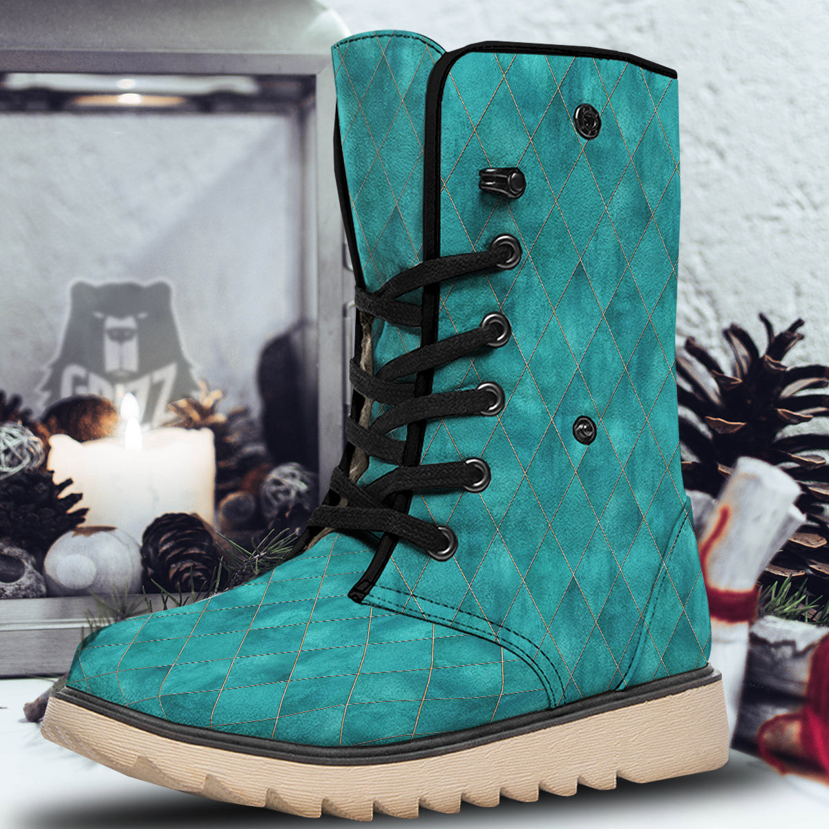 Argyle Turquoise Print Pattern Snow Boots-grizzshop