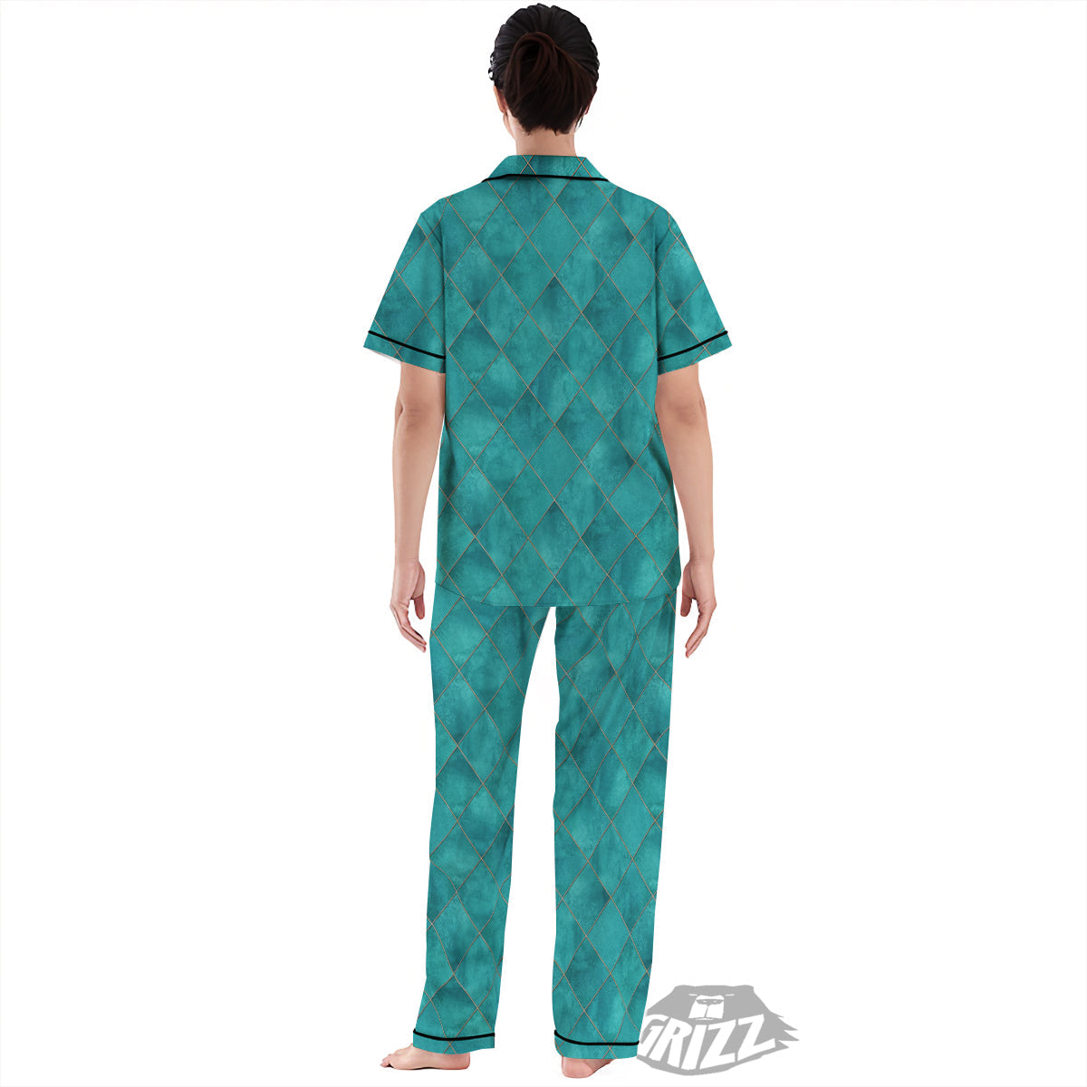 Argyle Turquoise Print Pattern Women's Pajamas Set-grizzshop