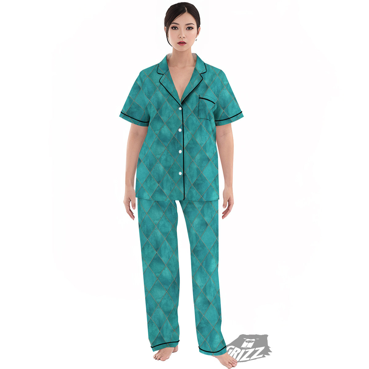 Argyle Turquoise Print Pattern Women's Pajamas Set-grizzshop