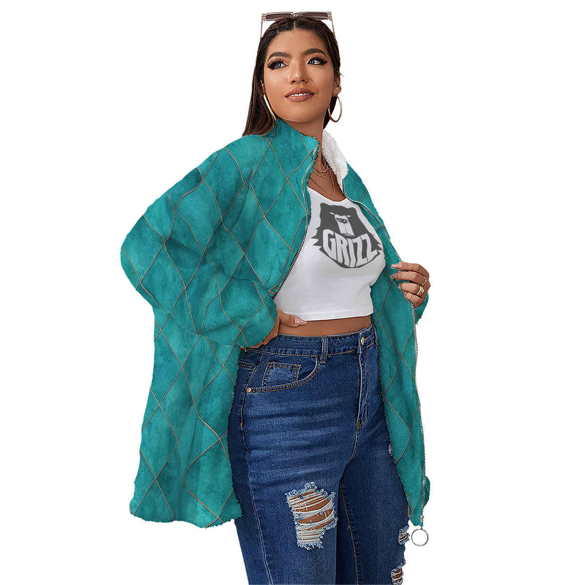 Argyle Turquoise Print Pattern Women's Sherpa Jacket-grizzshop