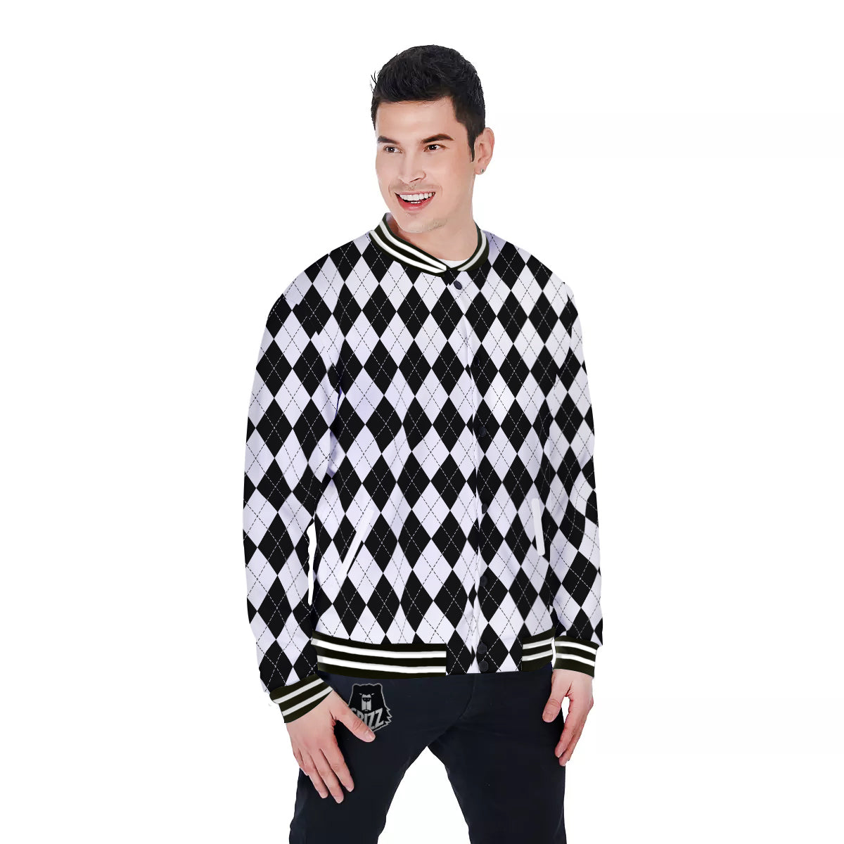 Argyle White And Black Print Pattern Baseball Jacket-grizzshop