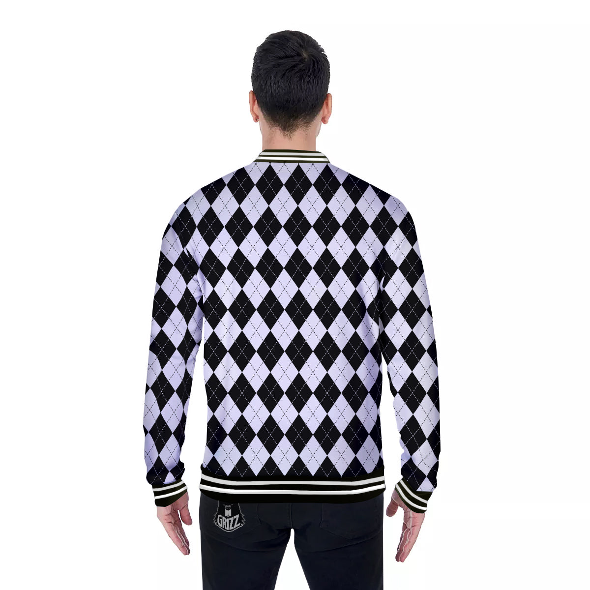 Argyle White And Black Print Pattern Baseball Jacket-grizzshop