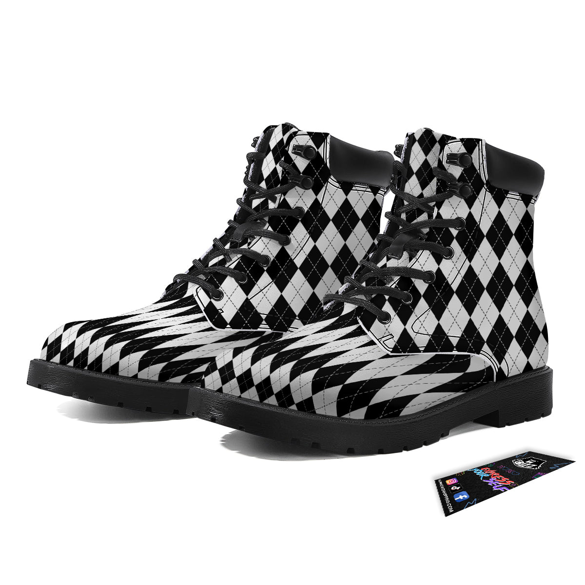 Argyle White And Black Print Pattern Boots-grizzshop