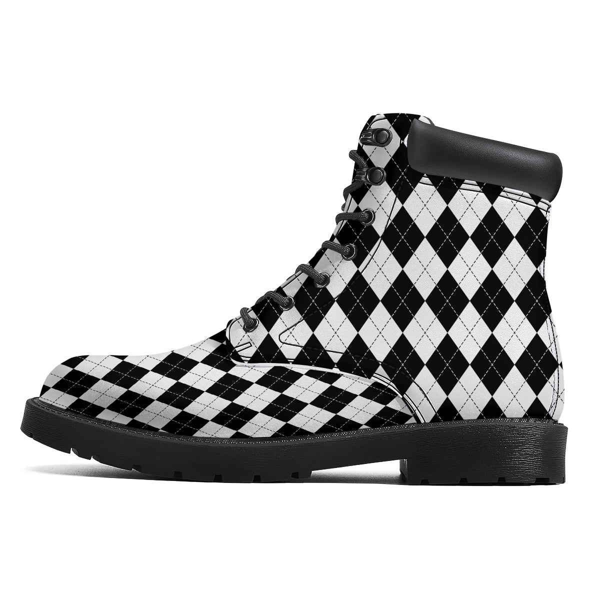 Argyle White And Black Print Pattern Boots-grizzshop