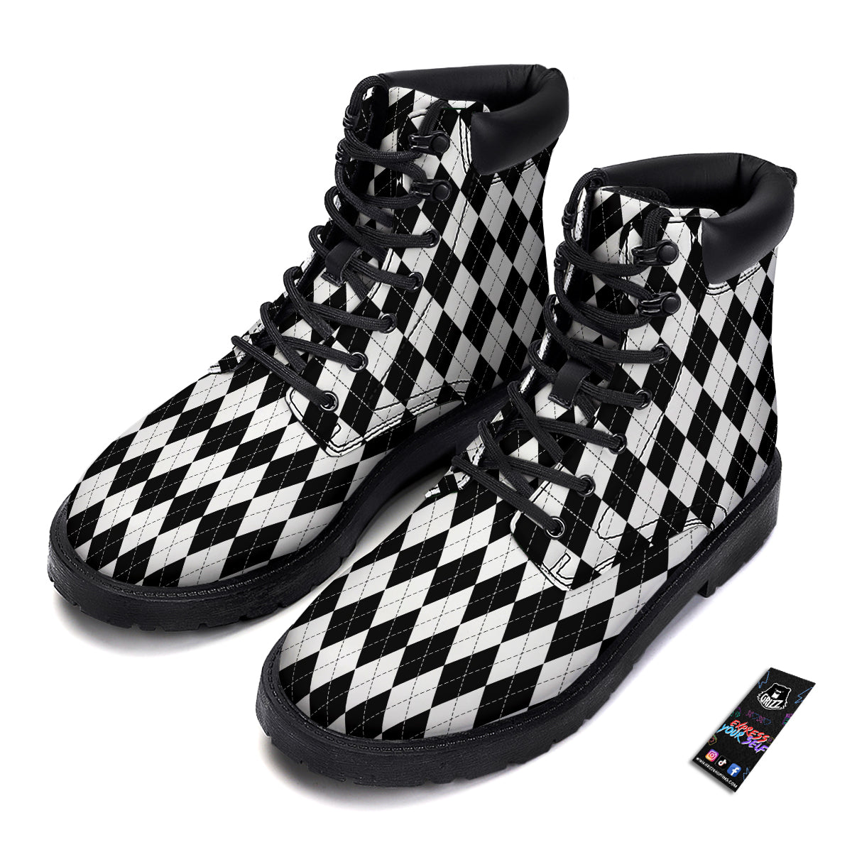 Argyle White And Black Print Pattern Boots-grizzshop