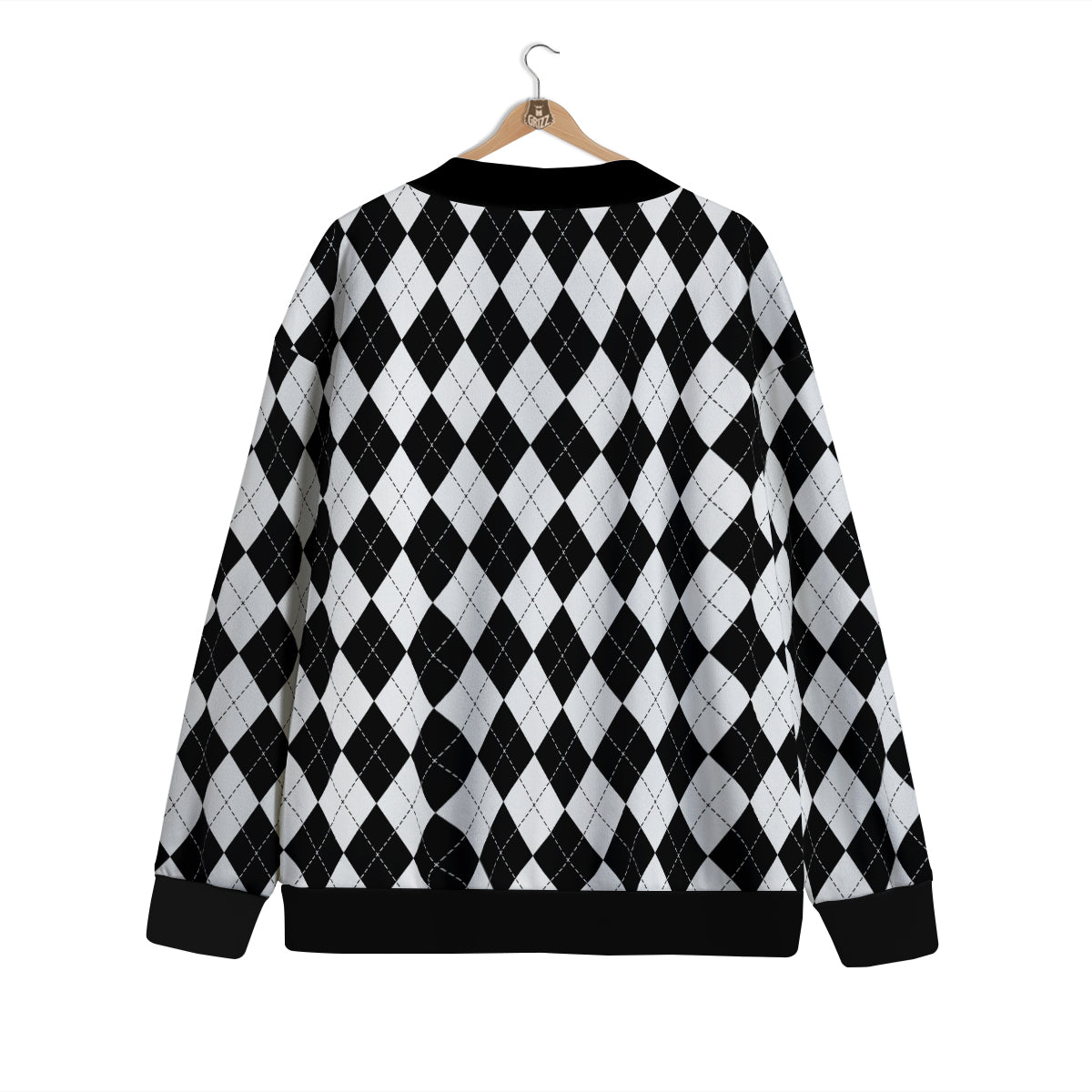 Argyle White And Black Print Pattern Cardigan-grizzshop