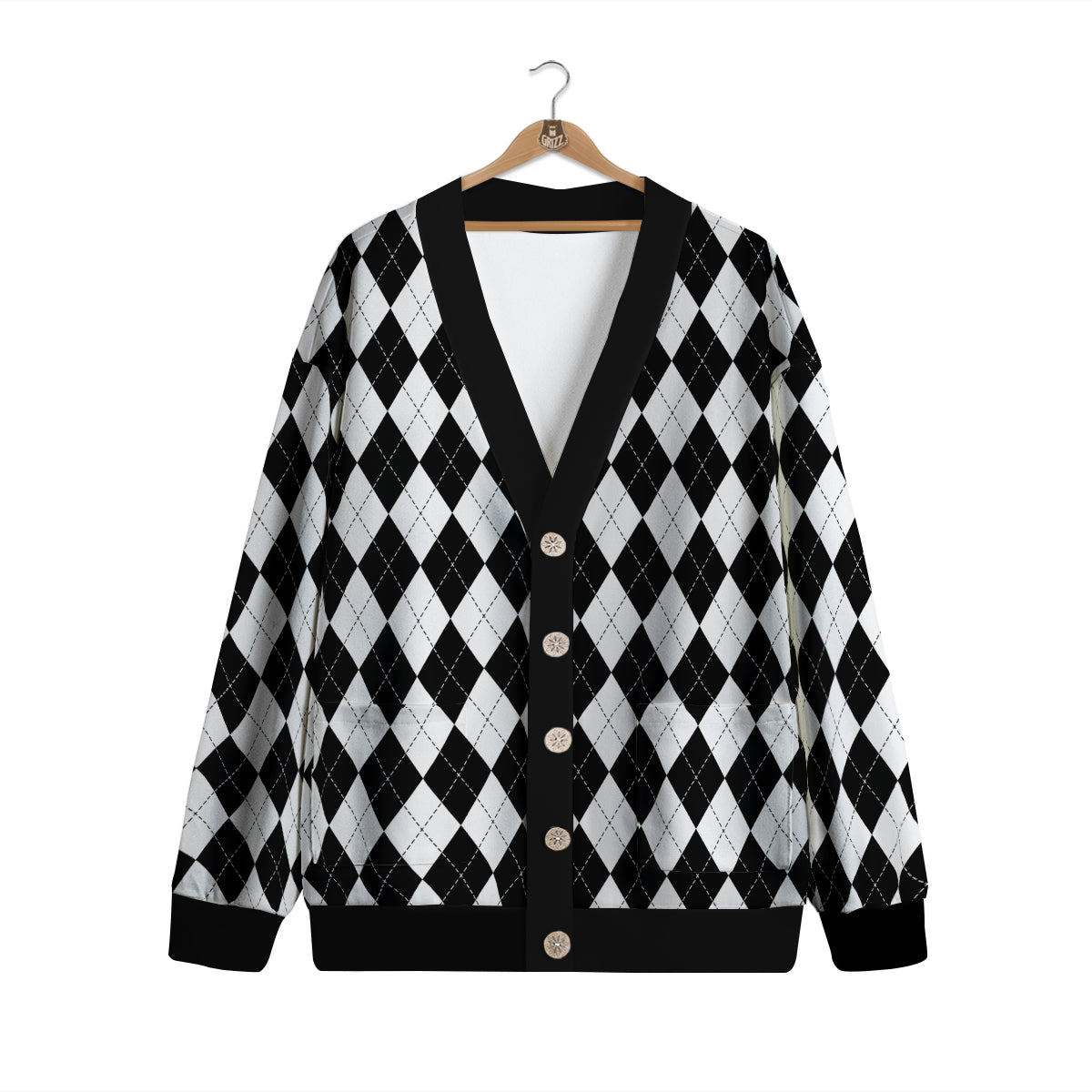 Argyle White And Black Print Pattern Cardigan-grizzshop