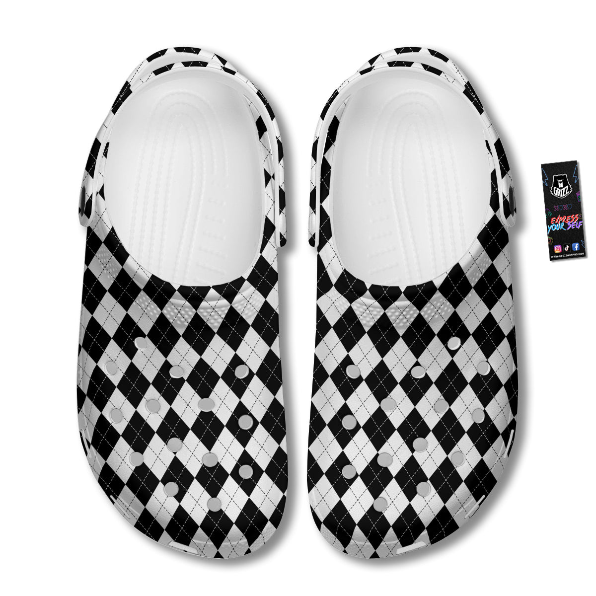 Argyle White And Black Print Pattern Clog-grizzshop