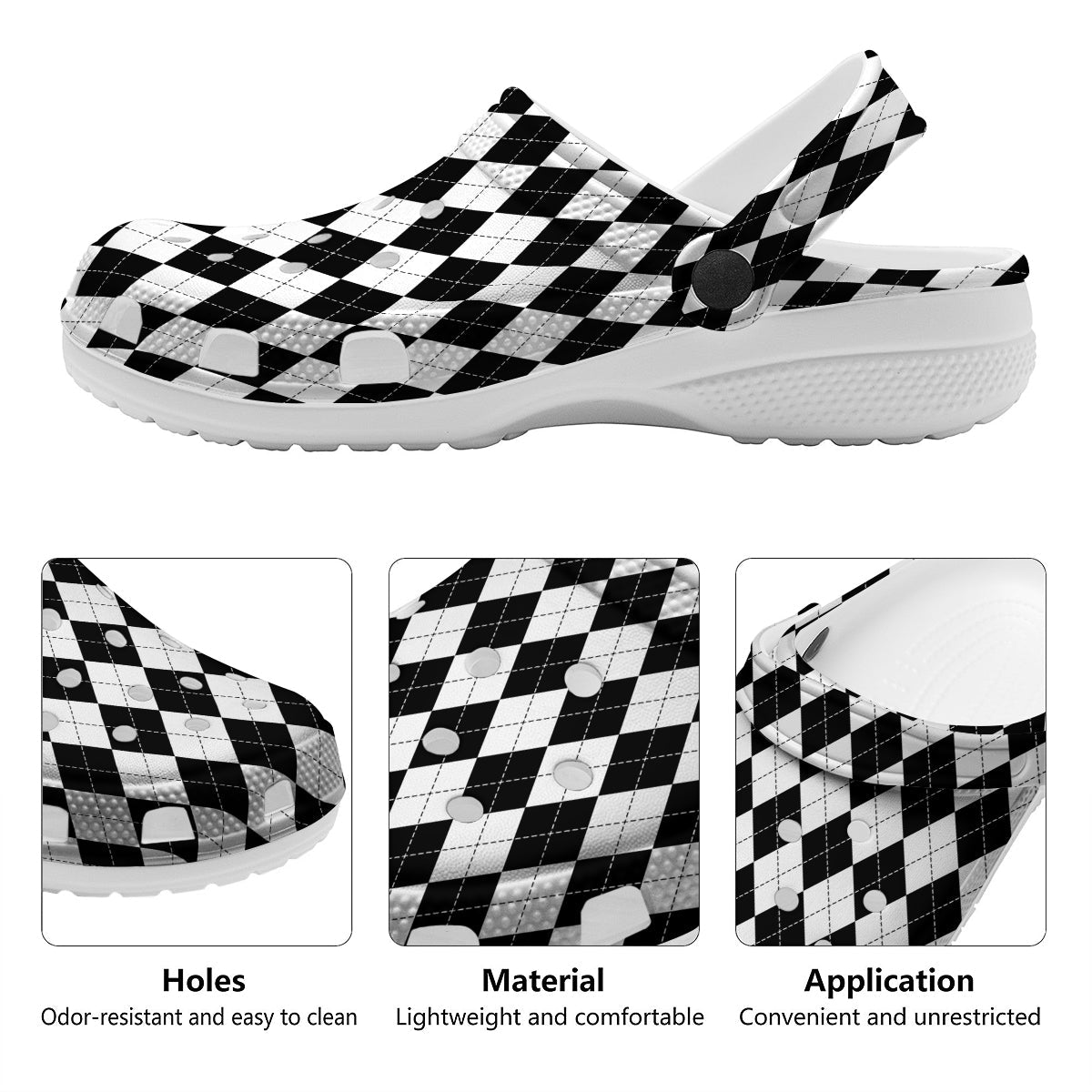 Argyle White And Black Print Pattern Clog-grizzshop
