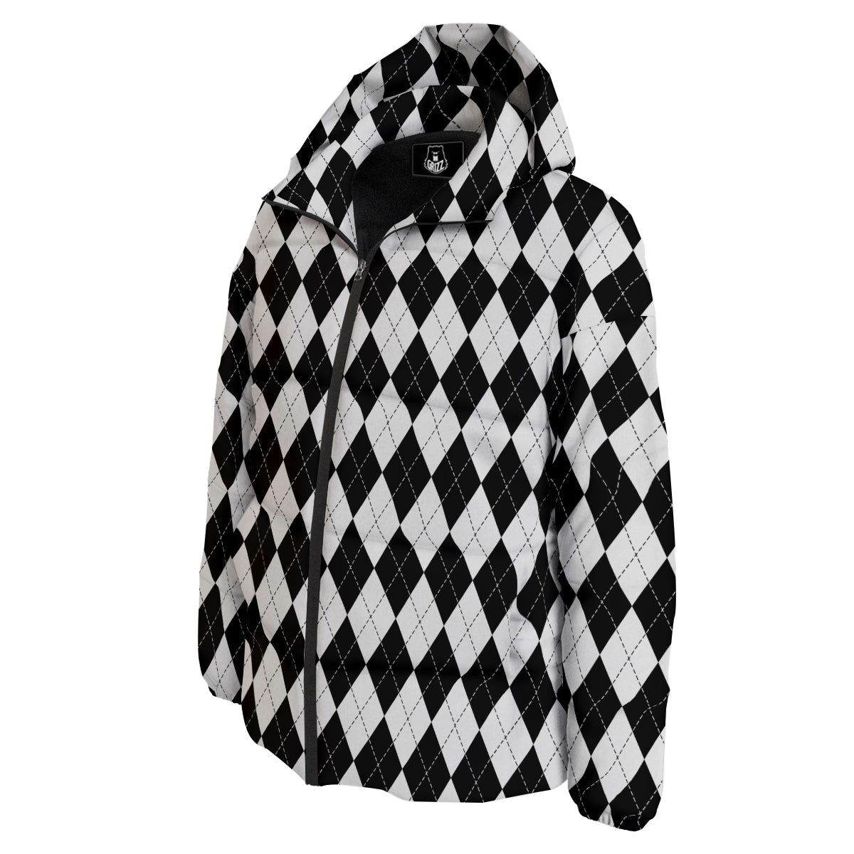 Argyle White And Black Print Pattern Down Jacket-grizzshop
