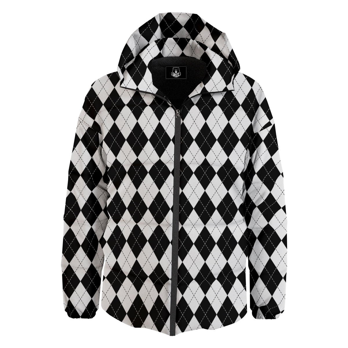Argyle White And Black Print Pattern Down Jacket-grizzshop