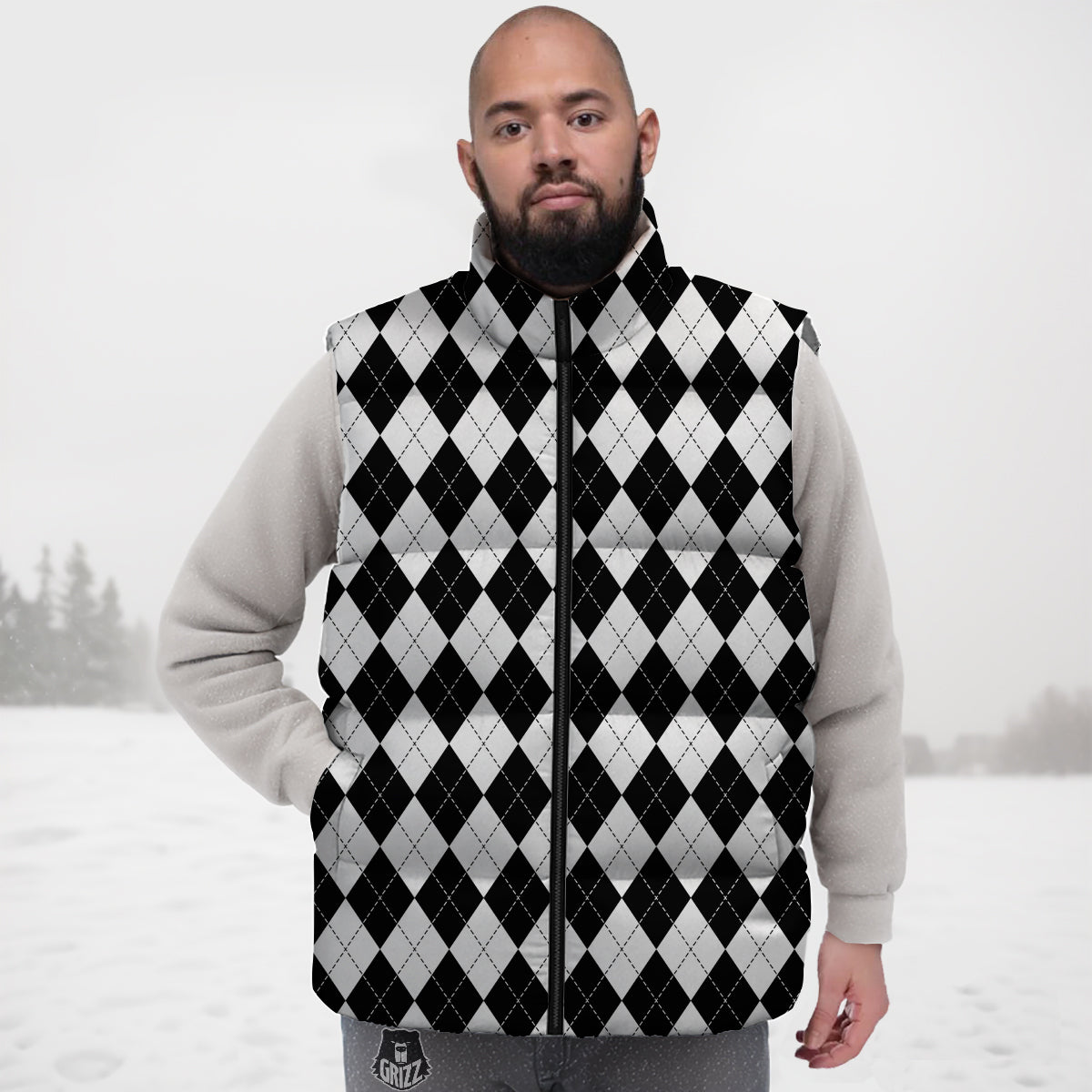 Argyle White And Black Print Pattern Down Vest-grizzshop