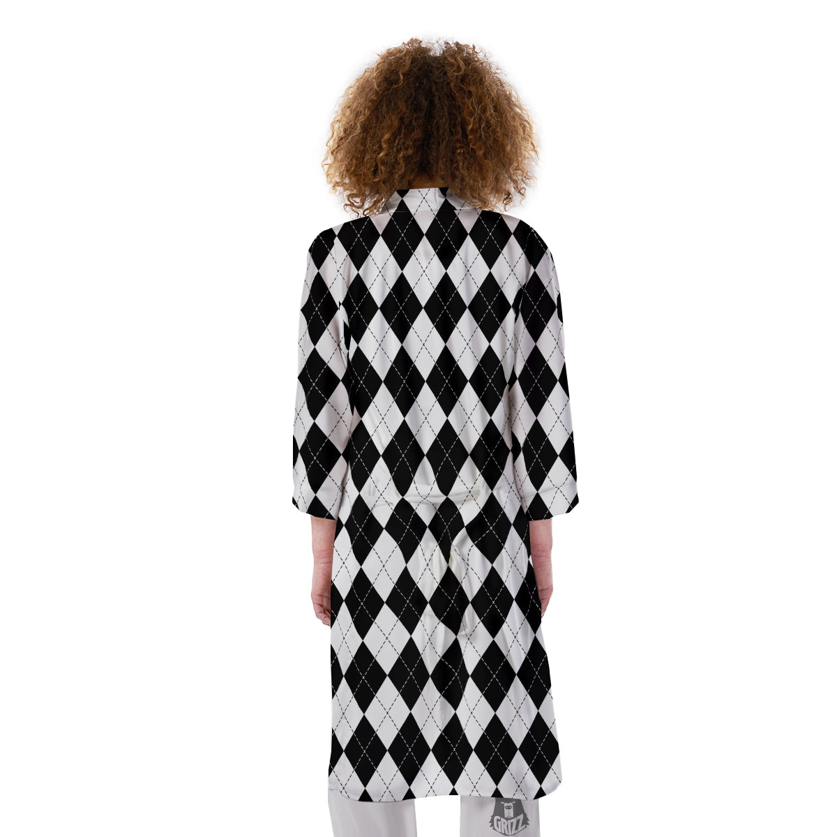 Argyle White And Black Print Pattern Kimono-grizzshop