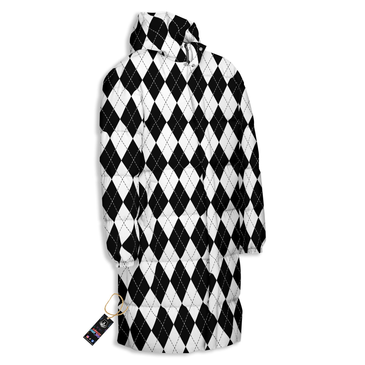 Argyle White And Black Print Pattern Long Down Jacket-grizzshop