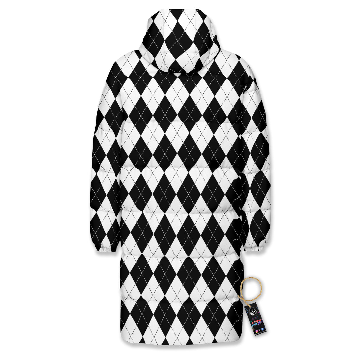 Argyle White And Black Print Pattern Long Down Jacket-grizzshop