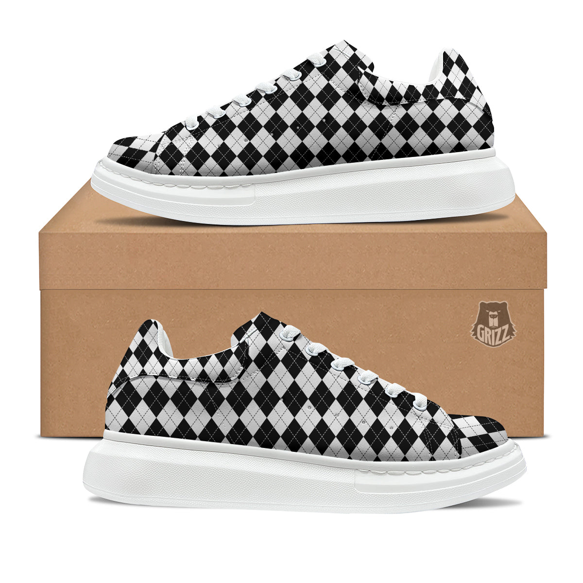 Argyle White And Black Print Pattern Platform Shoes-grizzshop