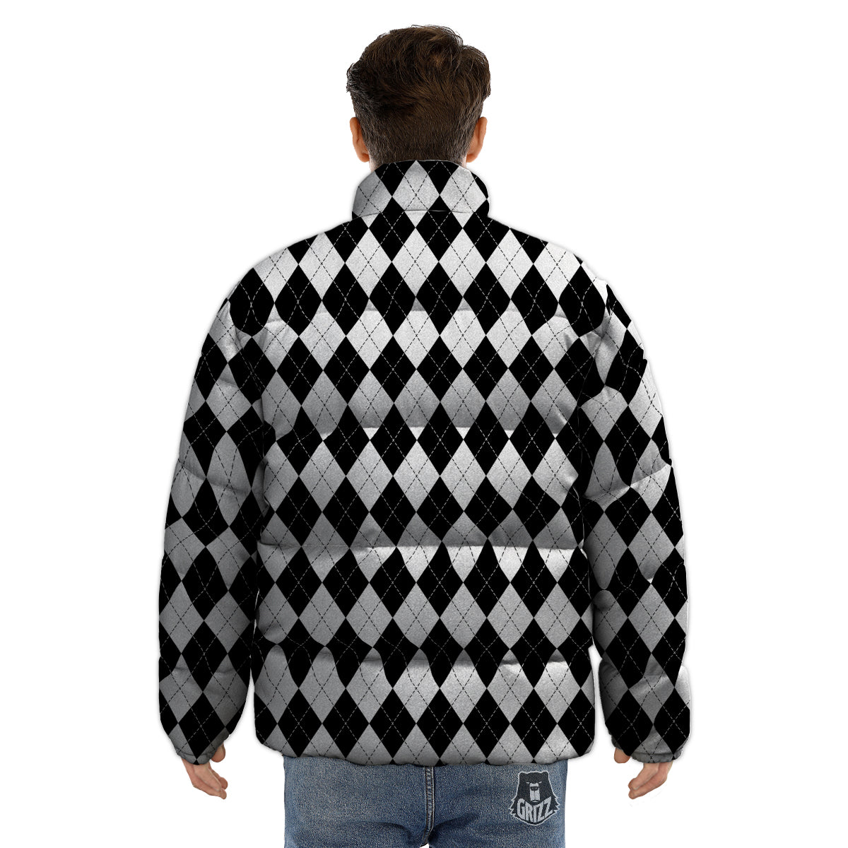 Argyle White And Black Print Pattern Puffer Jacket-grizzshop
