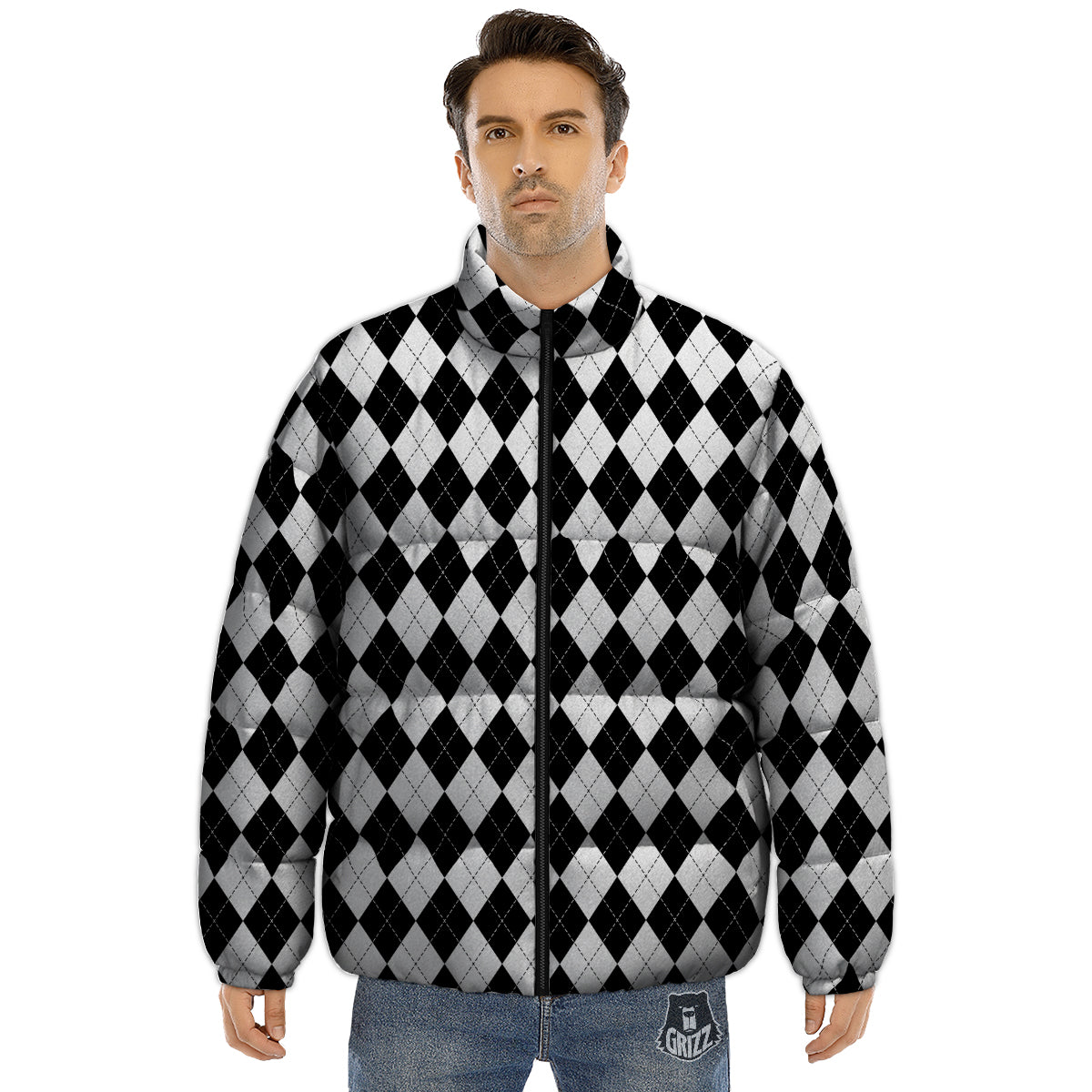 Argyle White And Black Print Pattern Puffer Jacket-grizzshop