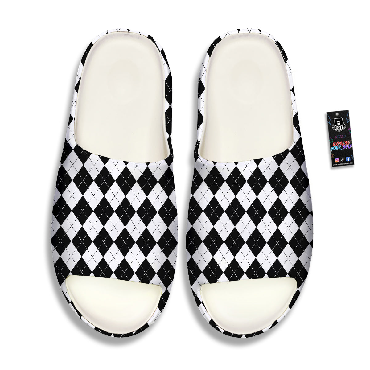 Argyle White And Black Print Pattern Sandals-grizzshop