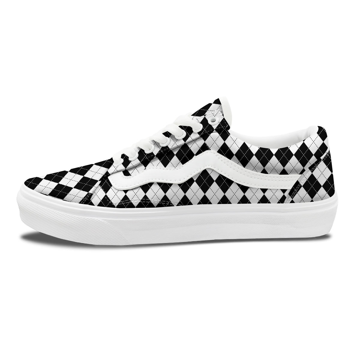 Argyle White And Black Print Pattern Skate Shoes-grizzshop