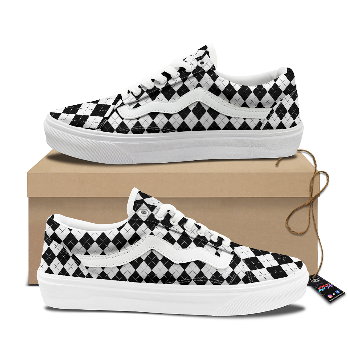 Argyle White And Black Print Pattern Skate Shoes-grizzshop