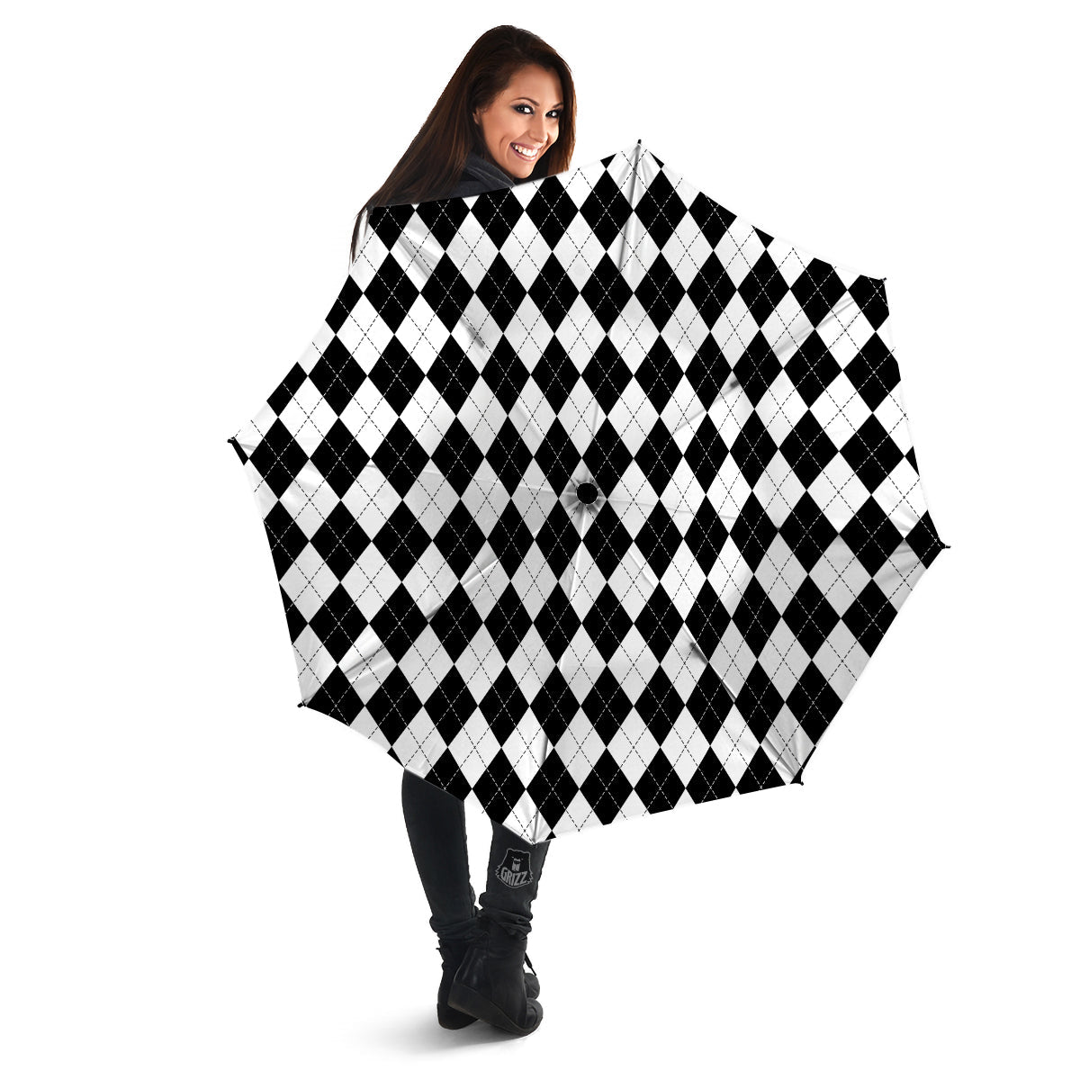 Argyle White And Black Print Pattern Umbrella-grizzshop