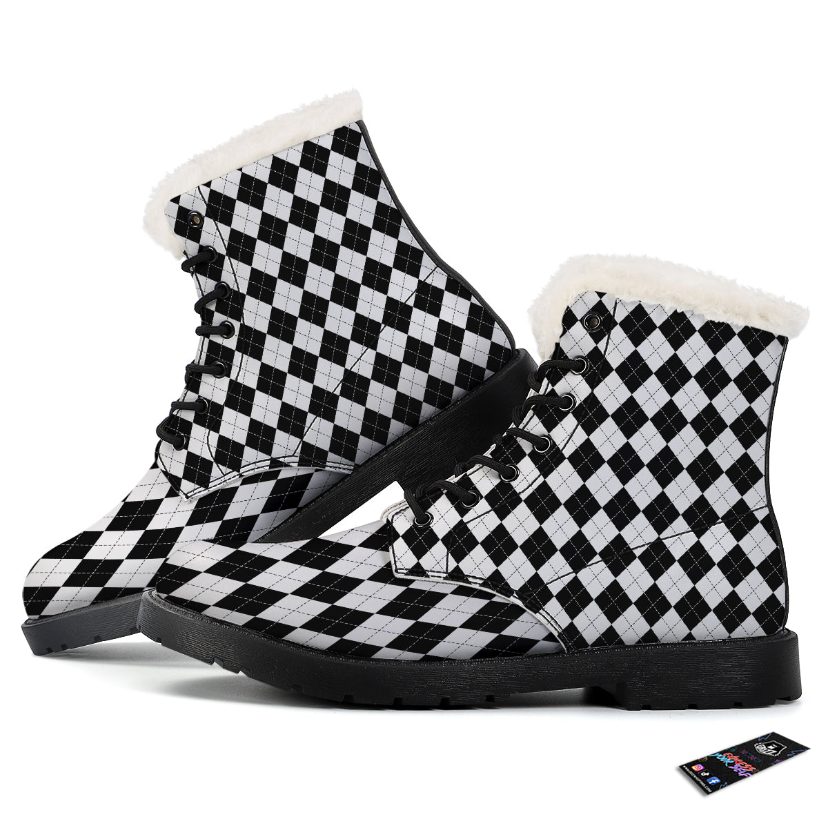 Argyle White And Black Print Pattern Winter Boots-grizzshop