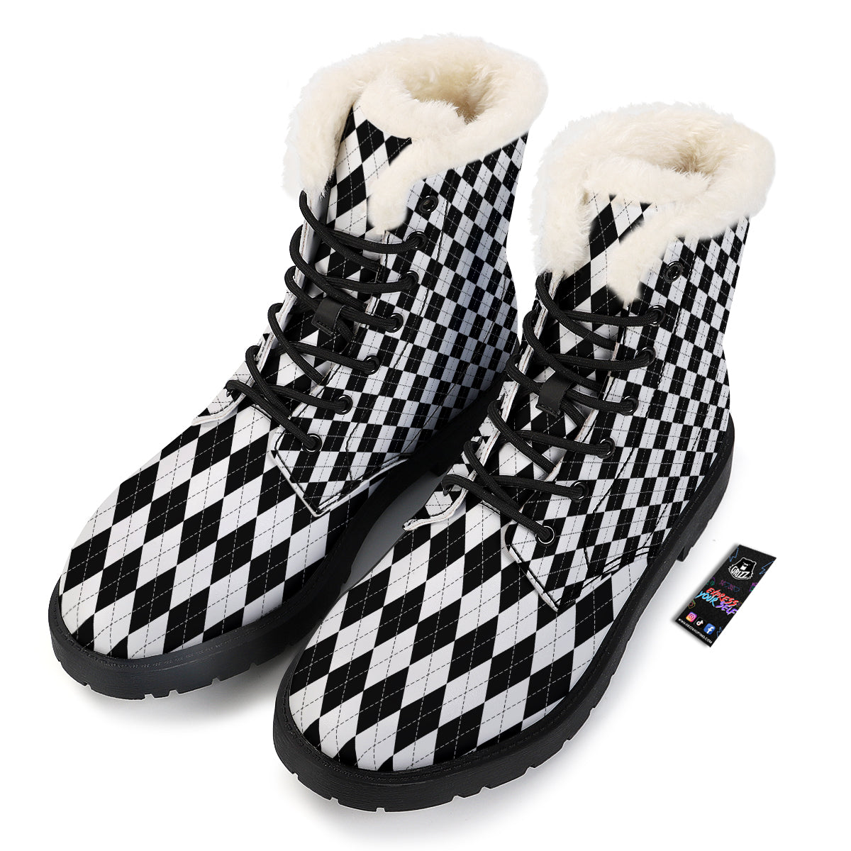 Argyle White And Black Print Pattern Winter Boots-grizzshop