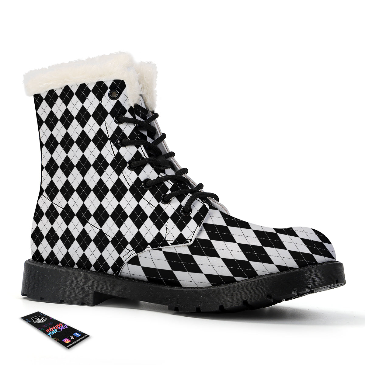 Argyle White And Black Print Pattern Winter Boots-grizzshop