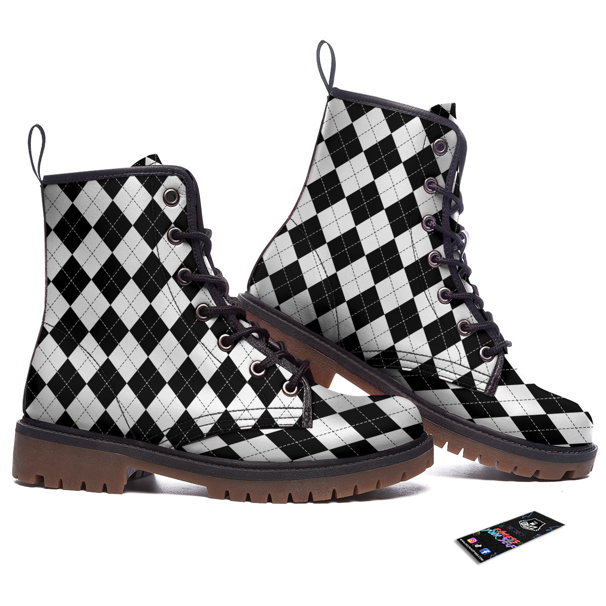 Argyle White And Black Print Pattern Work Boots-grizzshop