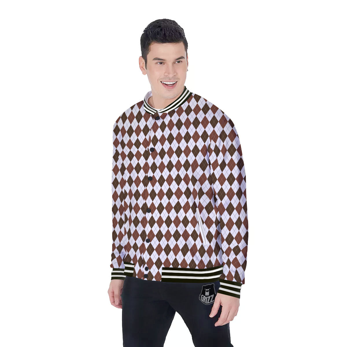 Argyle White And Brown Print Pattern Baseball Jacket-grizzshop
