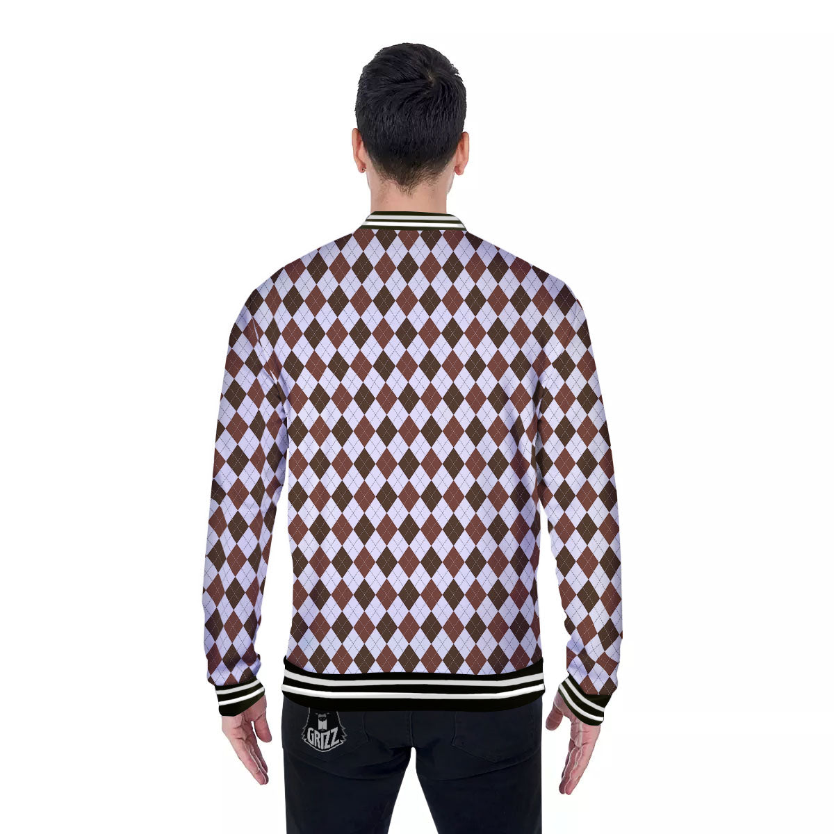 Argyle White And Brown Print Pattern Baseball Jacket-grizzshop