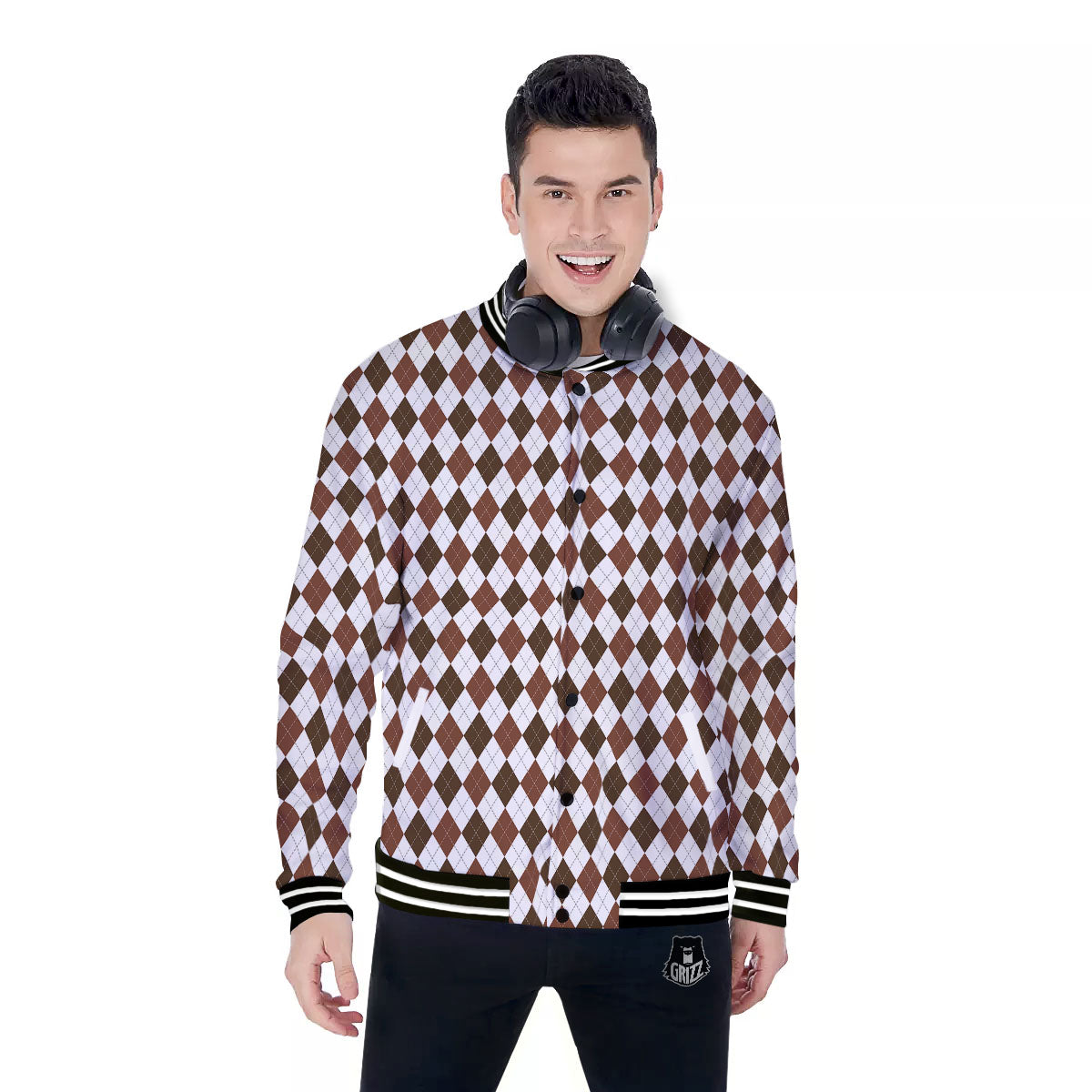 Argyle White And Brown Print Pattern Baseball Jacket-grizzshop