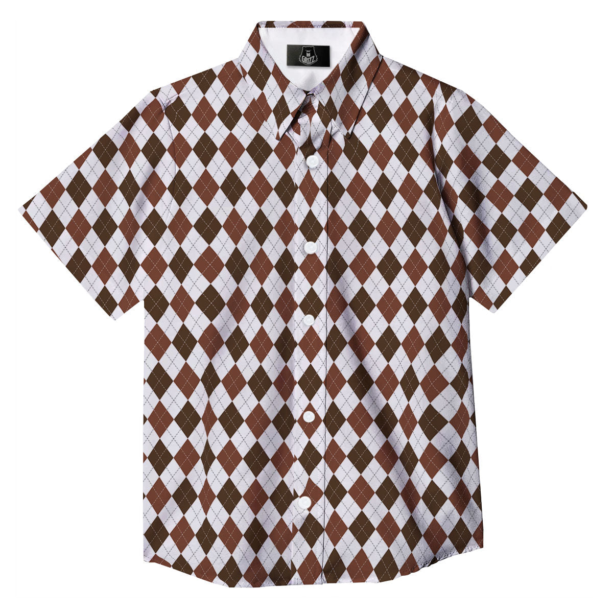 Argyle White And Brown Print Pattern Button Up Shirt-grizzshop