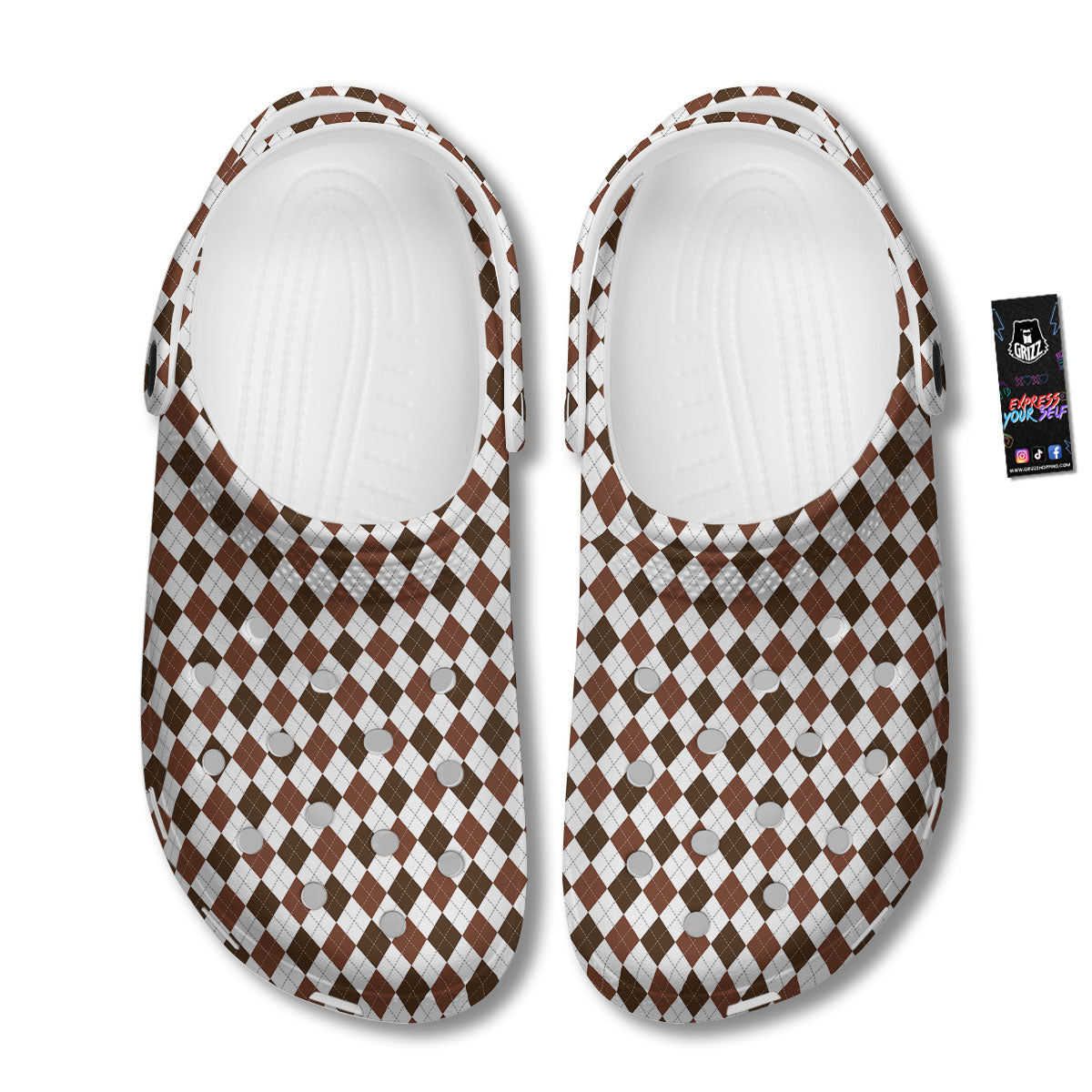 Argyle White And Brown Print Pattern Clog-grizzshop