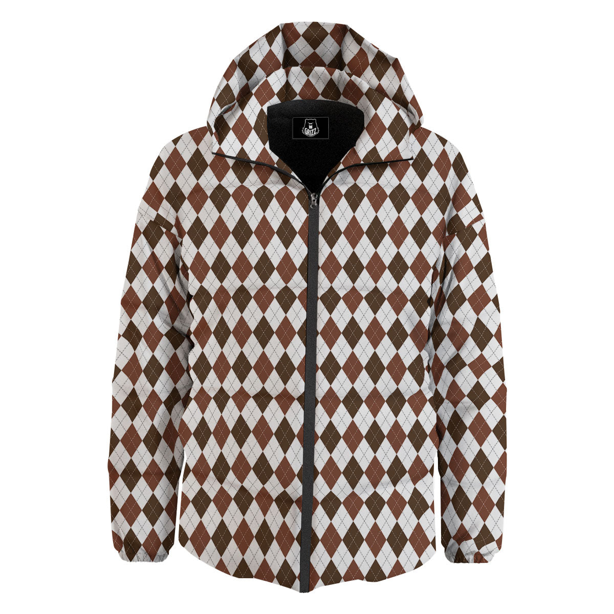 Argyle White And Brown Print Pattern Down Jacket-grizzshop