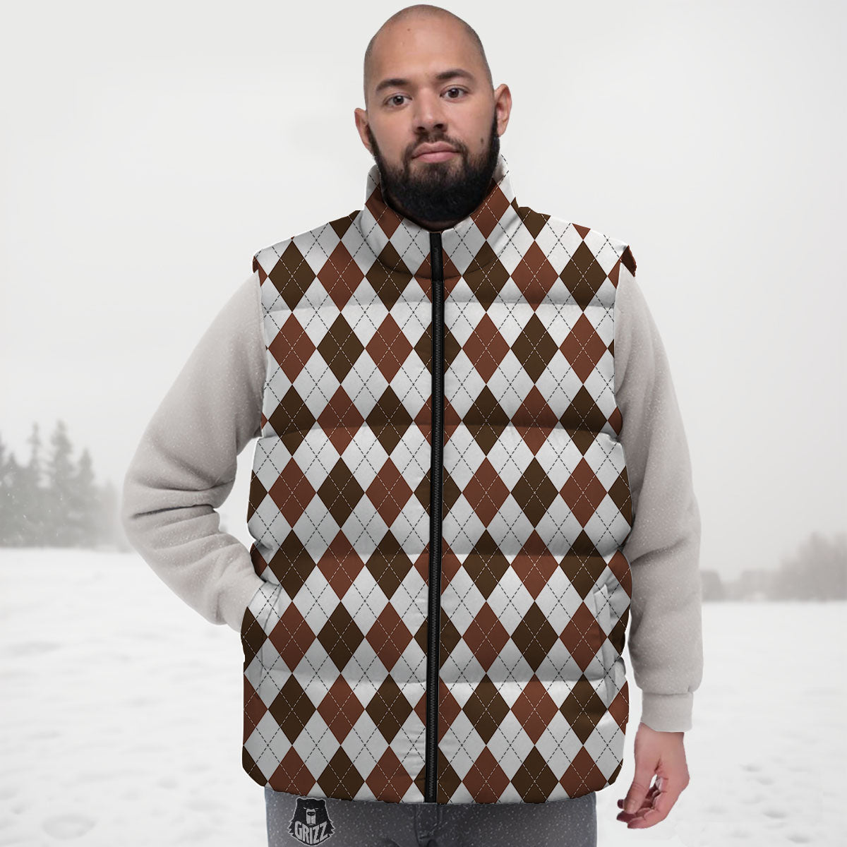 Argyle White And Brown Print Pattern Down Vest-grizzshop