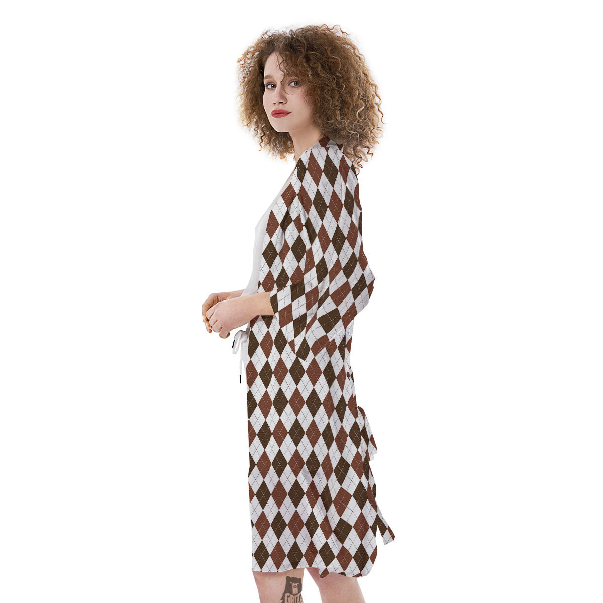 Argyle White And Brown Print Pattern Kimono-grizzshop