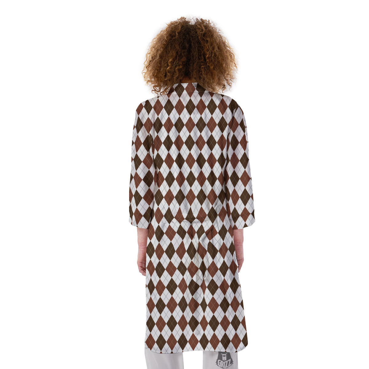 Argyle White And Brown Print Pattern Kimono-grizzshop