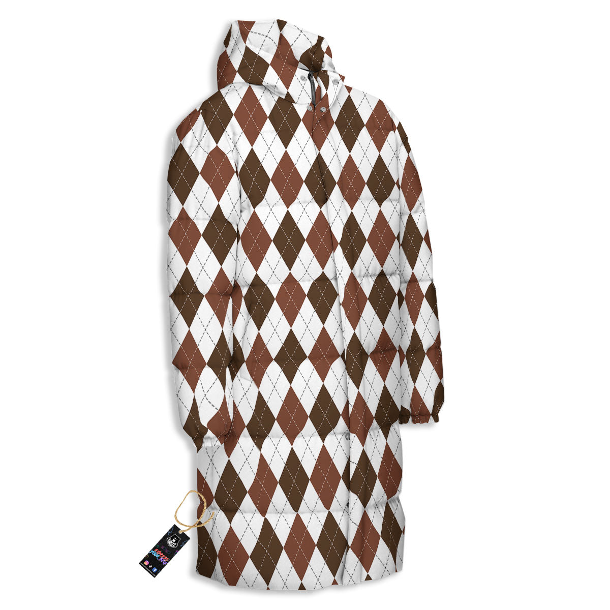 Argyle White And Brown Print Pattern Long Down Jacket-grizzshop