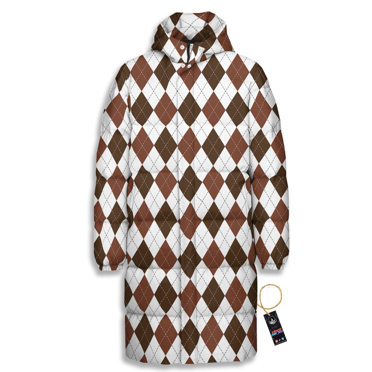 Argyle White And Brown Print Pattern Long Down Jacket-grizzshop